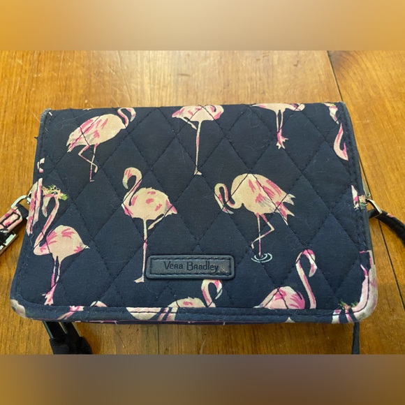VERA BRADLEY 3 in 1 Crossbody / Wristlet Pink Flamingo Fiesta - Navy Blue - Picture 3 of 8